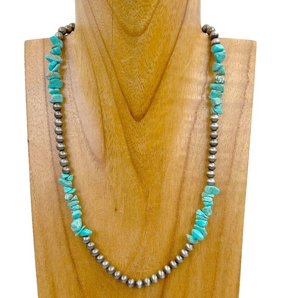Silver Navajo Pearl Style Blue Turquoise Nugget Bead Necklace 18 Inch